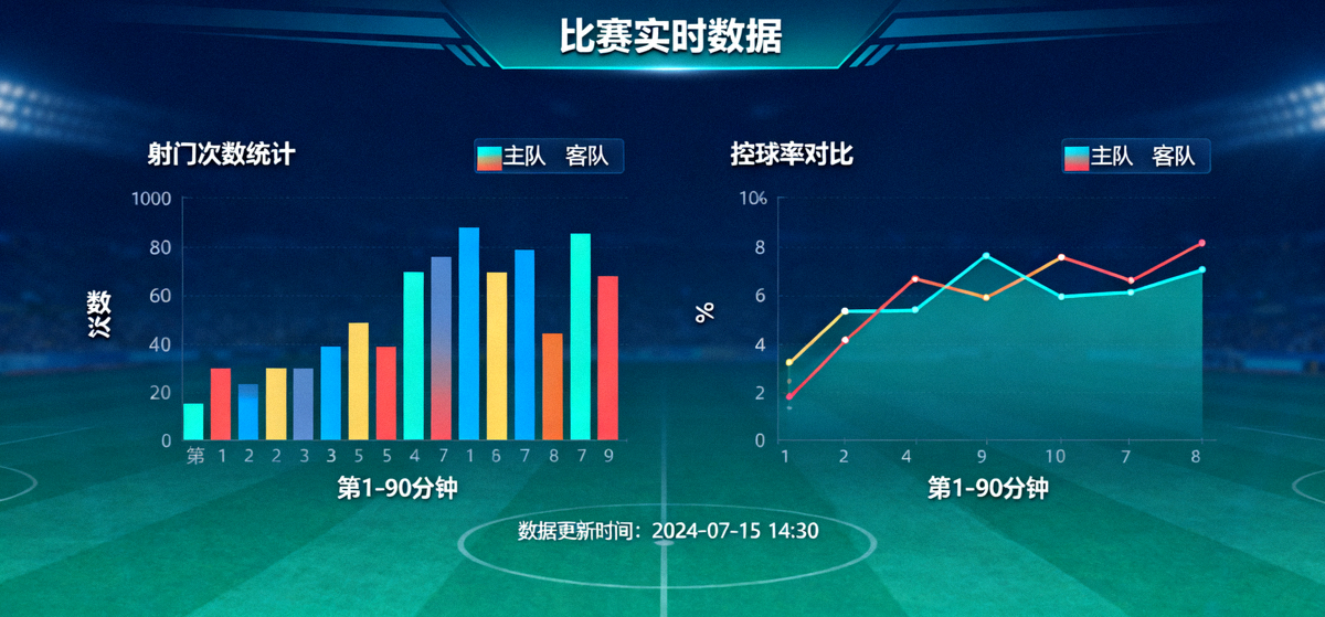 体育数据分析界面，显示射门与控球统计的可视化图表